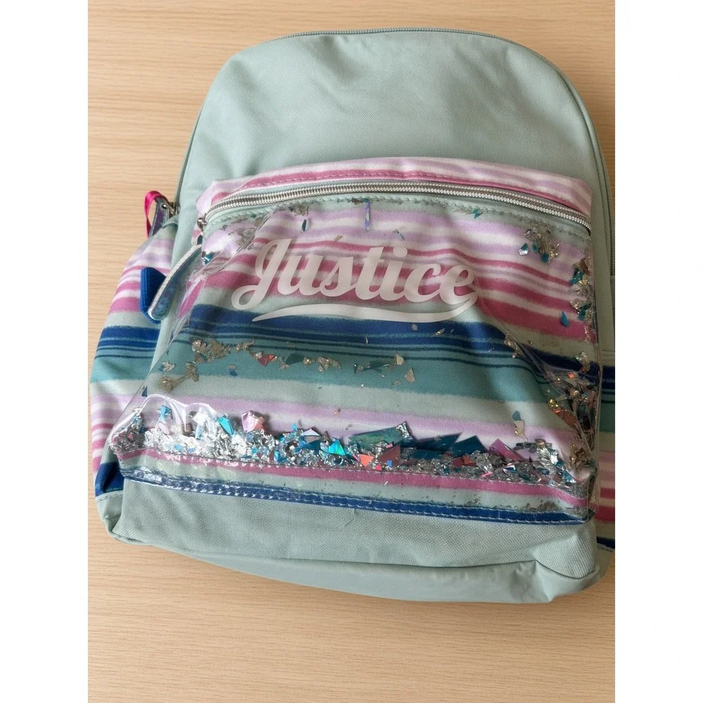 Justice Girls Mint Green Striped Backpack with Glitter Confetti Pocket